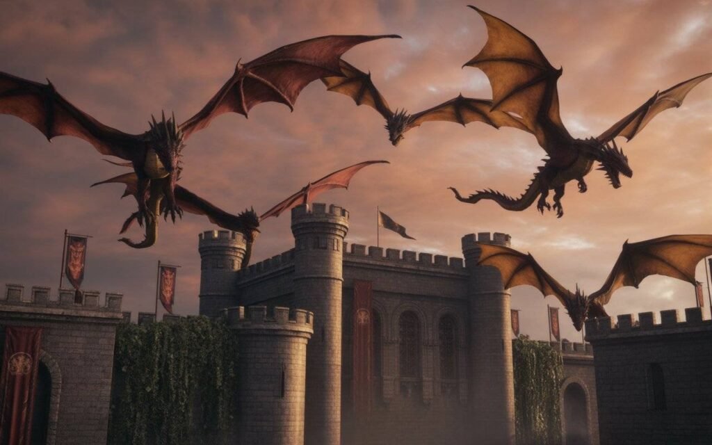 Dragons flying above a Targaryen stronghold representing House of the Dragon era