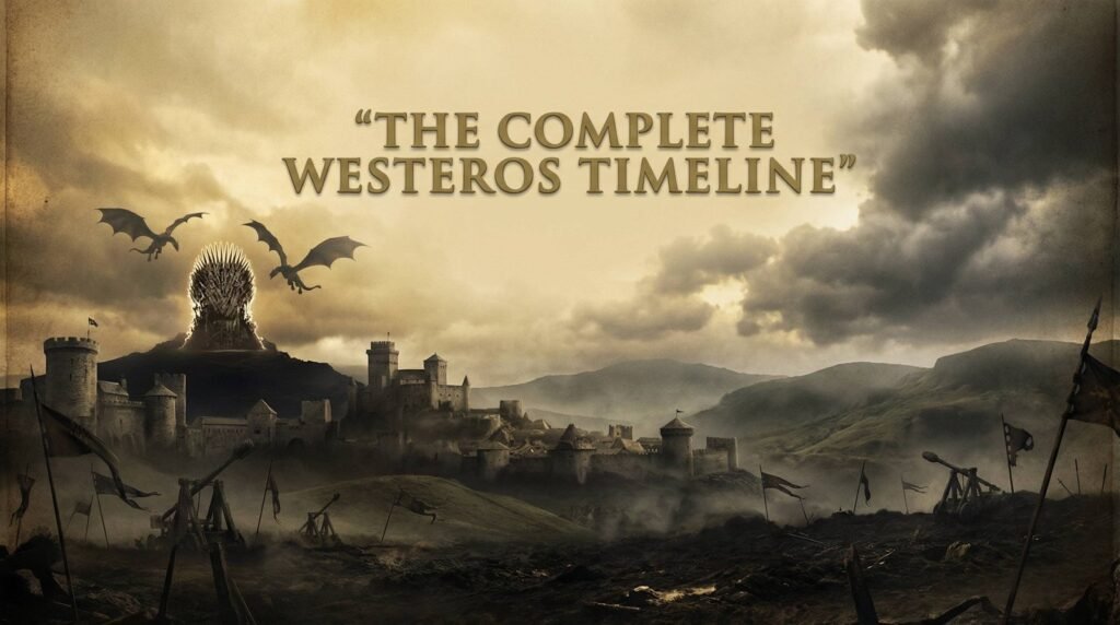 Cinematic banner illustrating the complete timeline of Game of Thrones shows across different eras of Westeros
