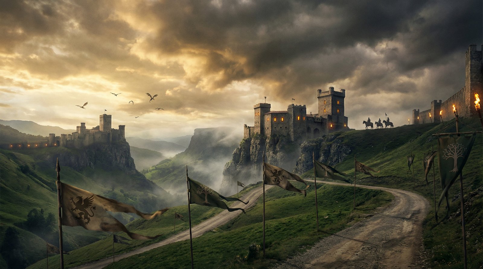 Cinematic medieval fantasy landscape with castles, dragons, and dramatic skies