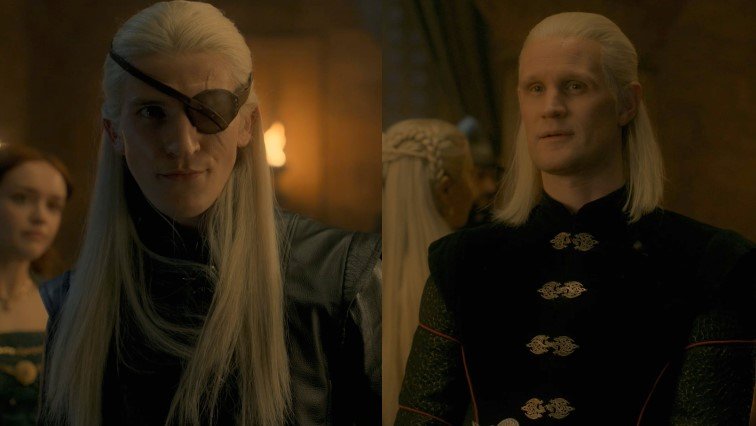 Daemon vs Aemond Gods Eye battle — Caraxes and Vhagar aerial confrontation in House of the Dragon, HBO